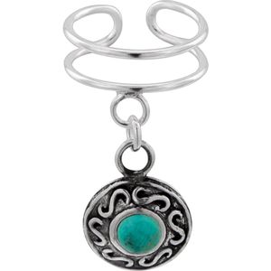 Zilveren ear cuff met hanger, cirkel met turquoise steen