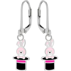 Zilveren oorhangers, roze konijn in hoge hoed
