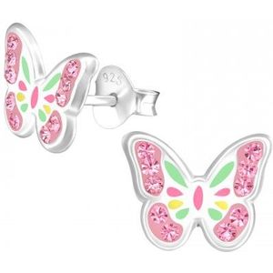 Zilveren oorstekers, gekleurde vlinder met roze kristallen