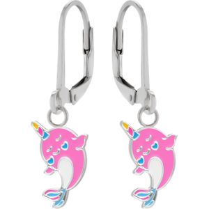 Zilveren oorhangers, roze dolfijn unicorn