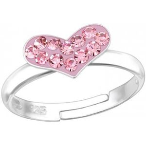Zilveren ring, roze hart met kristallen