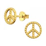 Gold plated oorstekers, opengewerkt peace teken met bolletjes details