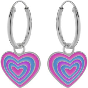 Zilveren oorringen met hanger, hartje in roze, lavendel en blauw