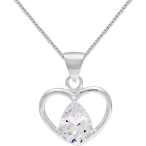 Zilveren ketting, opengewerkt hart met kristal in druppelvorm