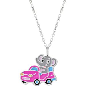 Zilveren ketting met hanger, olifant in roze auto