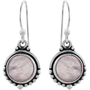 Zilveren oorhangers, ronde rozenkwarts steen met bolletjes