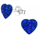 Zilveren oorstekers, blauw hart met kristallen