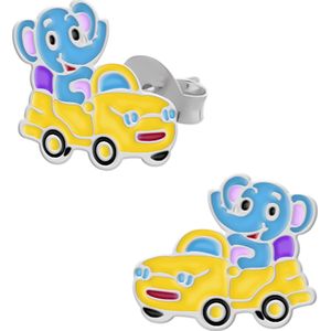 Zilveren oorstekers, blauwe olifant in gele auto