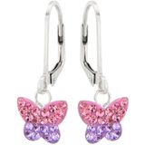 Zilveren oorhangers, vlinder met paarse en roze kristallen