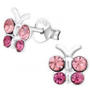 Zilveren oorstekers, vlinder met roze kristallen