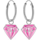 Zilveren oorringen met hanger, roze diamantvorm