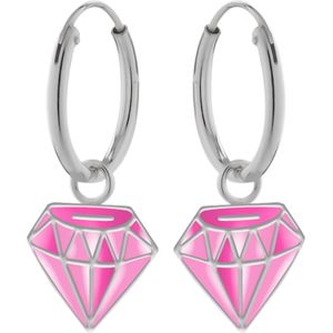 Zilveren oorringen met hanger, roze diamantvorm