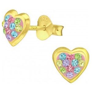 Gold plated oorstekers, roze hart met gekleurde kristallen