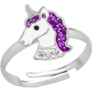 Zilveren ring, eenhoornhoofd met paarse glittermanen