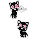 Zilveren oorstekers, zwarte kat met roze kristal-ogen