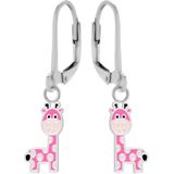Zilveren oorhangers, roze giraf met lichtroze vlekken
