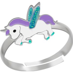 Zilveren ring, eenhoorn met paarse manen en glittervleugels