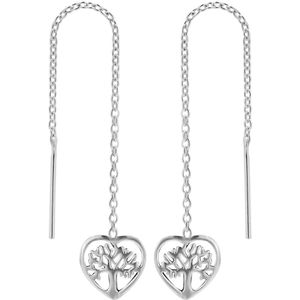 Zilveren chain oorbellen, levensboom in hart