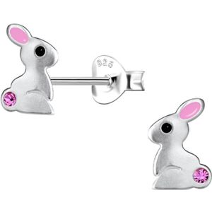 Zilveren oorstekers, konijntje met roze kristal