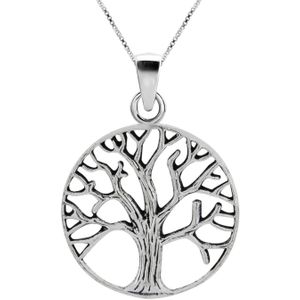 Zilveren ketting, hanger van cirkel met tree of life