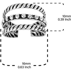 Zilveren earcuff drie banden met vlecht- en bolletjesdetail