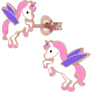 Rose plated oorstekers, eenhoorn met paarse vleugels