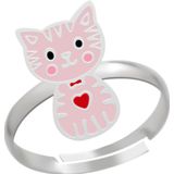 Zilveren ring, roze kat met rood hartje