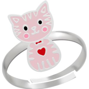 Zilveren ring, roze kat met rood hartje