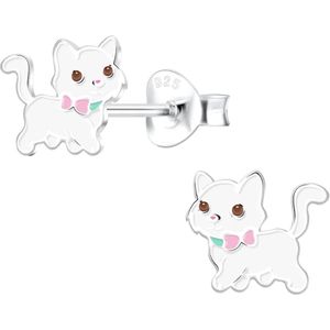Zilveren oorstekers, witte kat met roze strikje