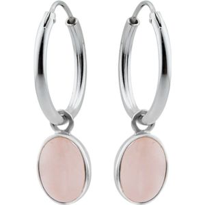 Zilveren oorringen met hanger, ovale rozenkwarts steen met zilveren rand
