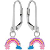 Zilveren oorhangers, regenboog met wolkje en bloem