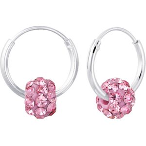 Zilveren oorringen met roze kraal met kristallen - 12 mm