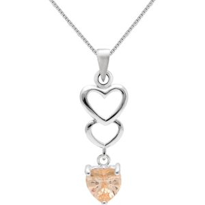 Zilveren ketting, opengewerkte harten en hanger van hart van kristal