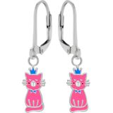 Zilveren oorhangers, roze kat met blauw kroontje