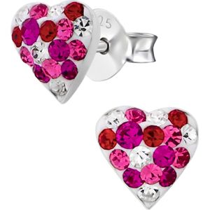 Zilveren oorstekers, hart met roze en kleurloze kristallen