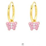 Gold plated oorringen, roze vlinder met kristallen