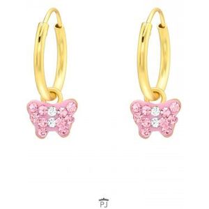 Gold plated oorringen, roze vlinder met kristallen