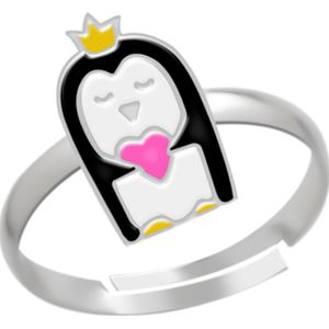 Zilveren ring, pinguïn met kroon en hartje