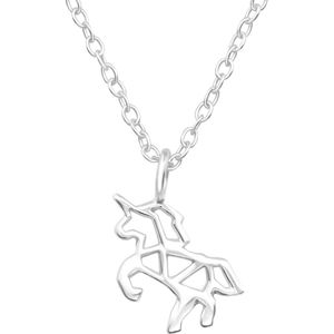 Zilveren ketting met hanger, geometrisch vormgegeven eenhoorn