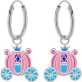 Zilveren oorbellen met hanger, roze koets met blauwe details