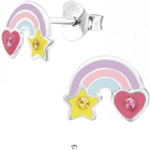 Zilveren oorstekers, pastel regenboog met ster en hart met kristal