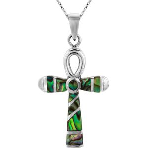 Zilveren ketting met hanger, kruis met Abalone steen