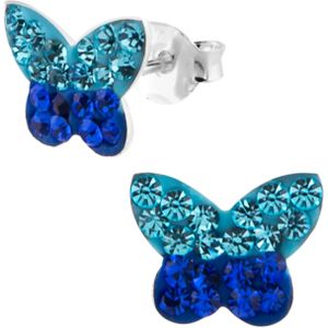 Zilveren oorstekers, vlinder in twee kleuren blauw met kristallen