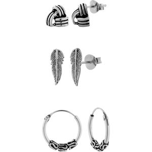 Zilveren oorbellen set, veertje, knoop en Bali hoops