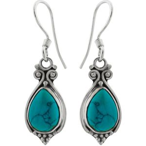 Zilveren oorhangers, turquoise steen met bolletjes en sierlijke krullen