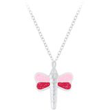 Zilveren ketting, roze libelle