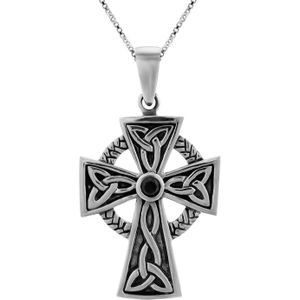 Zilveren ketting met hanger, kruis met zwart kristal en cirkel