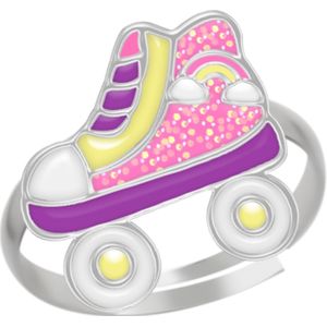 Zilveren ring, rolschaats in pastelkleuren met regenboog en glitters