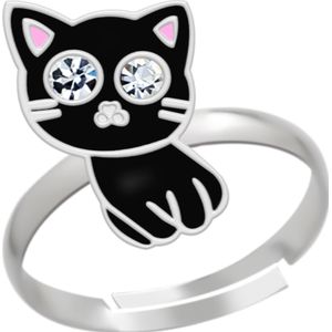 Zilveren ring, zwart katje met kristalogen