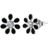 Zilveren oorstekers, bloem met kristal en zwarte blaadjes